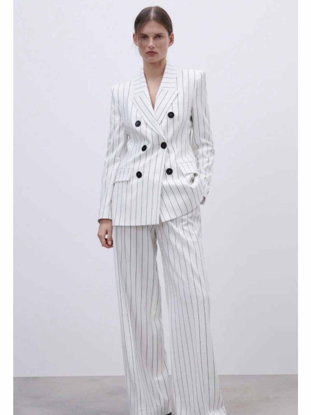 Zara White Pinstripe Double-Breasted Wide-Leg Suit, Size XS, NWT